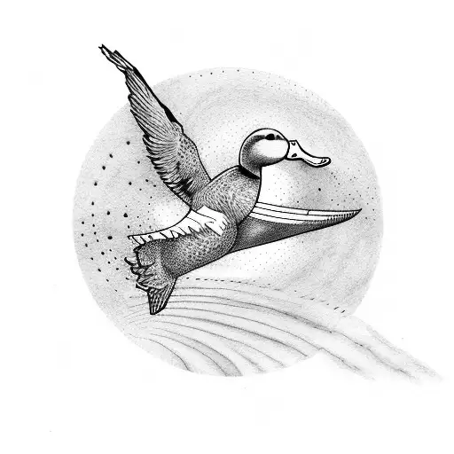 duck taking flight quacking but the quack is like the solar system  tattoo design idea