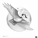 duck taking flight quacking but the quack is like the solar system  tattoo design idea