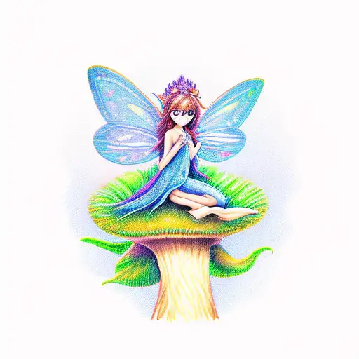 A whimsical fairy sitting on a mushroom in a mystical forest tattoo design idea