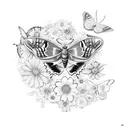 A moth and butterfly hybrid surrounded by flowers in a surreal garden tattoo design idea