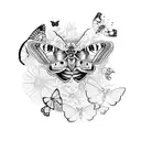 A moth and butterfly hybrid surrounded by flowers in a surreal garden tattoo design idea