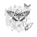 A moth and butterfly hybrid surrounded by flowers in a surreal garden tattoo design idea