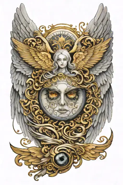 seraphim angel wings spread with big eye looking tattoo design idea