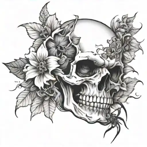 skull, spider, flowers wrapped tattoo design idea