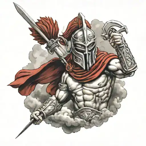 Spartan warrior with red helmet crest in a storm cloud tattoo design idea