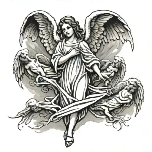 A guardian angel watching over a group of friends and family members, with rays of light symbolizing motivation tattoo design idea