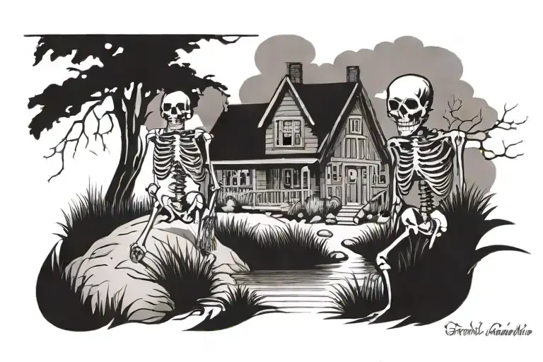 cottage on lakeshore with skeletons dancing tattoo design idea