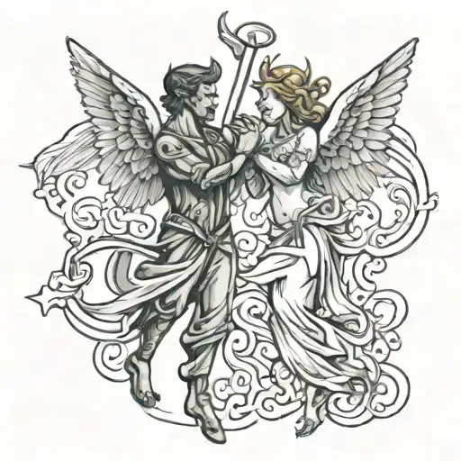 A sleeve tattoo of an angel and devil dancing together tattoo design idea