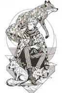 Little prince sitting with scarf blowing in the wind and fox next to him, minimalist landscape. at the top a woman's face tattoo design idea