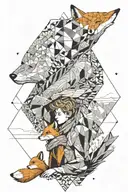 Little prince sitting with scarf blowing in the wind and fox next to him, minimalist landscape. at the top a woman's face tattoo design idea