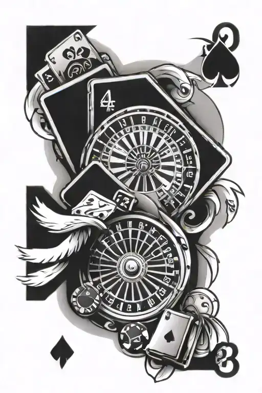 casino theme half roulette table, two playing cards with numbers 2 and 8 on top arm, and 2 dices on the down on the arm tattoo design idea