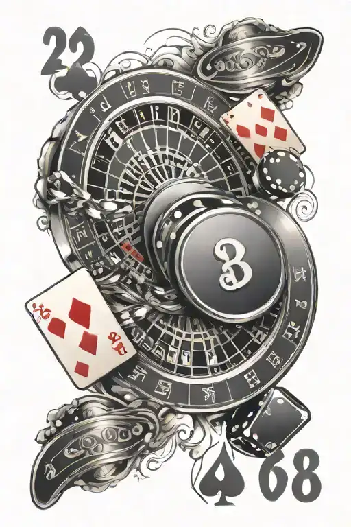 casino theme half roulette table, two playing cards with numbers 2 and 8, and 2 dices  tattoo design idea