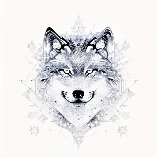 A fractal-inspired wolf silhouette against a starry night sky tattoo design idea
