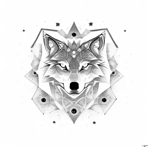 A fractal-inspired wolf silhouette against a starry night sky tattoo design idea