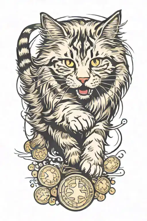 tabby norwegian forest cat chasing a gold coin, drawn from the side tattoo design idea