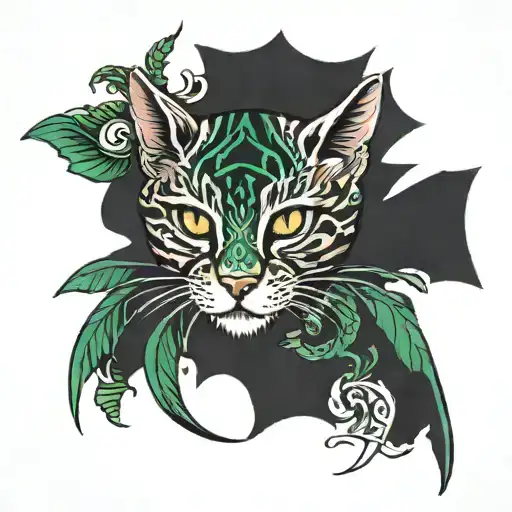 a full sleeve tattoo with the slytherin logo on the top, something representing a tabby cat (but not a portrait), the bd tattoo design idea