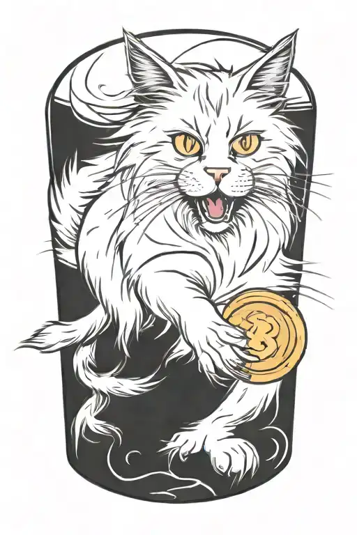 tabby male norwegian forest cat chasing a gold coin, drawn from the side tattoo design idea