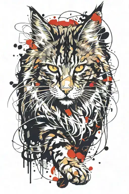 tabby norwegian forest cat chasing gold, drawn from the side tattoo design idea