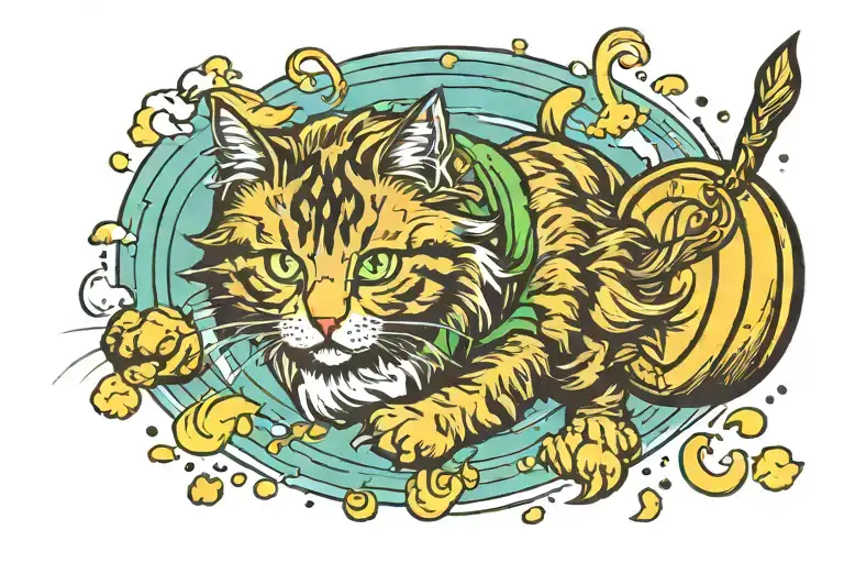 Tabby Norwegian Forest Cat Chasing a pot of gold tattoo design idea