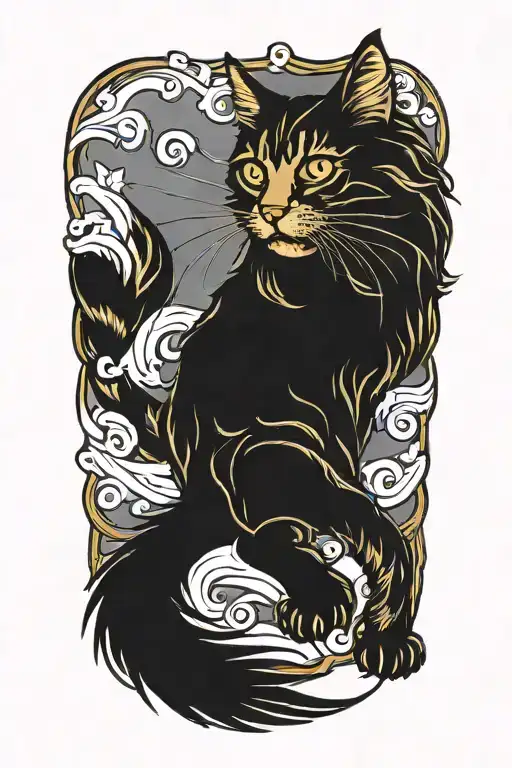 tabby norwegian forest cat chasing gold, drawn from the side tattoo design idea