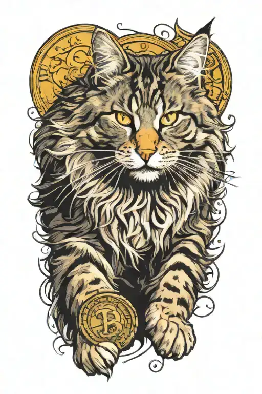 tabby male norwegian forest cat chasing a gold coin, drawn from the side tattoo design idea