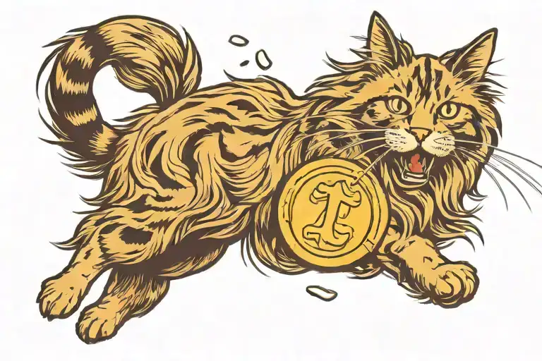 Tabby Norwegian Forest Cat Chasing A Gold Coin tattoo design idea