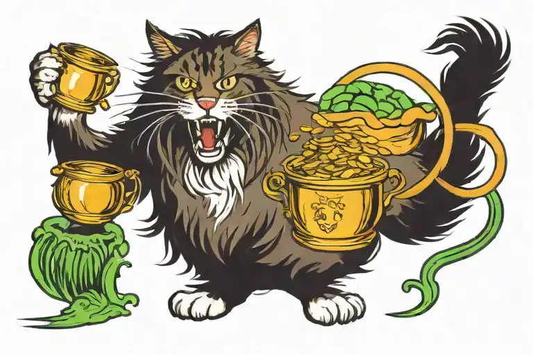 angry Tabby Norwegian Forest Cat Chasing a pot of gold tattoo design idea