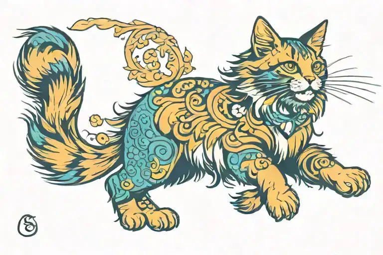 Tabby Norwegian Forest Cat Chasing gold tattoo design idea