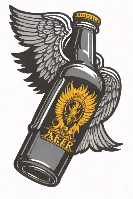 beer bottle with angel wings and halo tattoo design idea