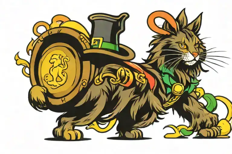 Tabby Norwegian Forest Cat Chasing a pot of gold tattoo design idea