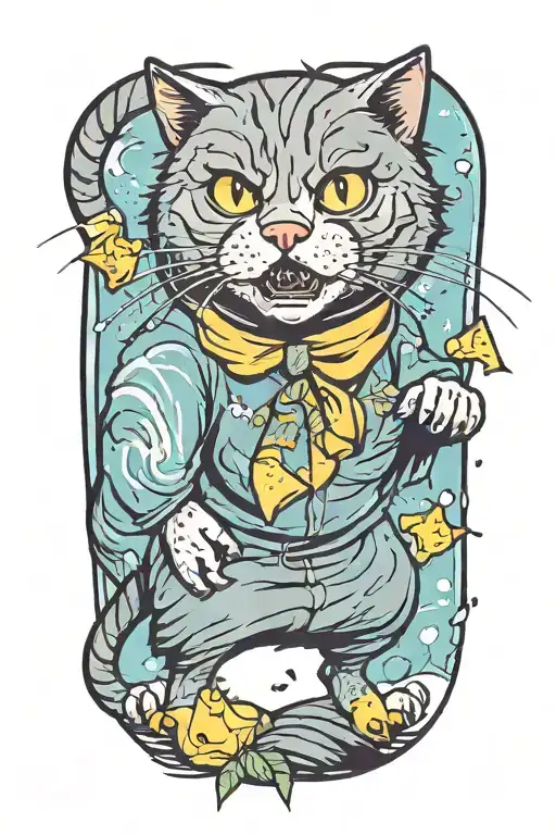 tabby cat chasing gold like the niffler from harry potter, no face tattoo design idea