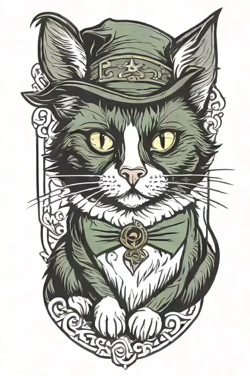 a green-eyed black and white tuxedo cat wearing a wizard hat sitting tattoo design idea