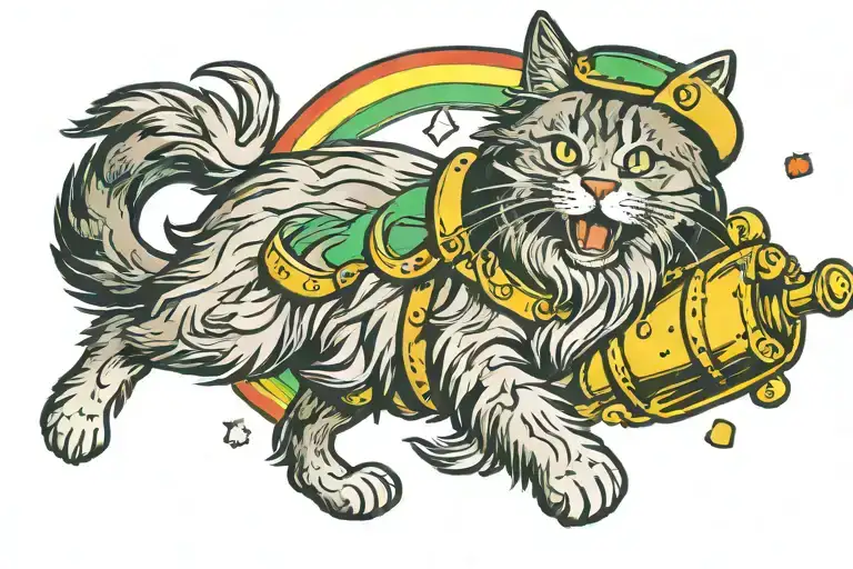 Tabby Norwegian Forest Cat Chasing a pot of gold tattoo design idea