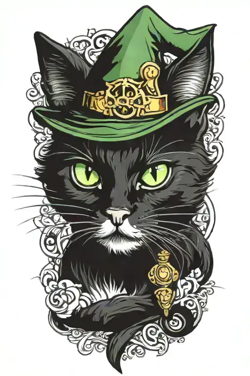 a green-eyed tuxedo cat wearing a wizard hat sitting, nose is white, cat looks clumsy tattoo design idea