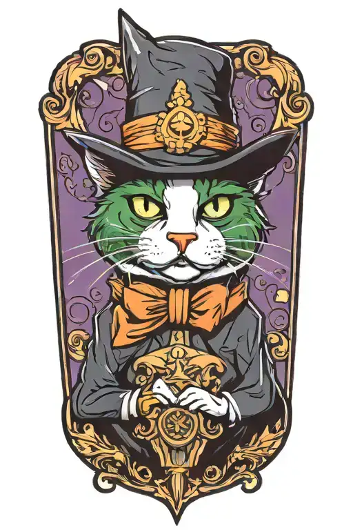 a green-eyed tuxedo cat wearing a wizard hat sitting, nose is white, chest is white, cat looks clumsy tattoo design idea