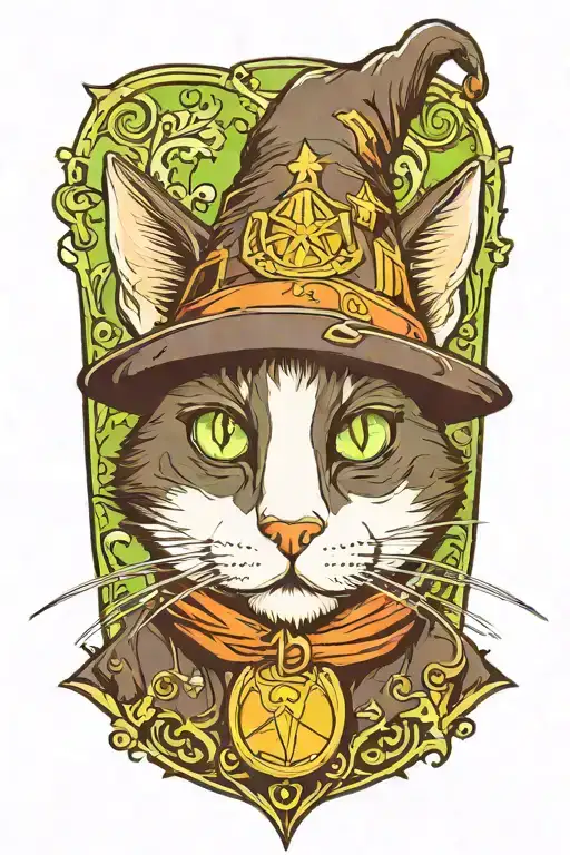 a green-eyed tuxedo cat wearing a wizard hat sitting, nose is white tattoo design idea