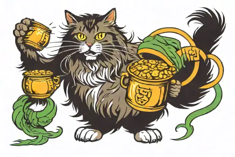 angry Tabby Norwegian Forest Cat Chasing a pot of gold tattoo design idea