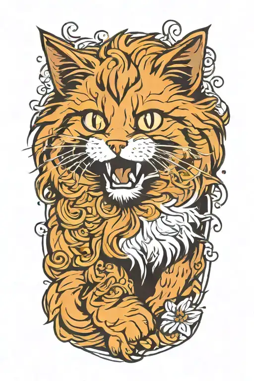 tabby norwegian forest cat chasing gold like the niffler from harry potter, no face tattoo design idea