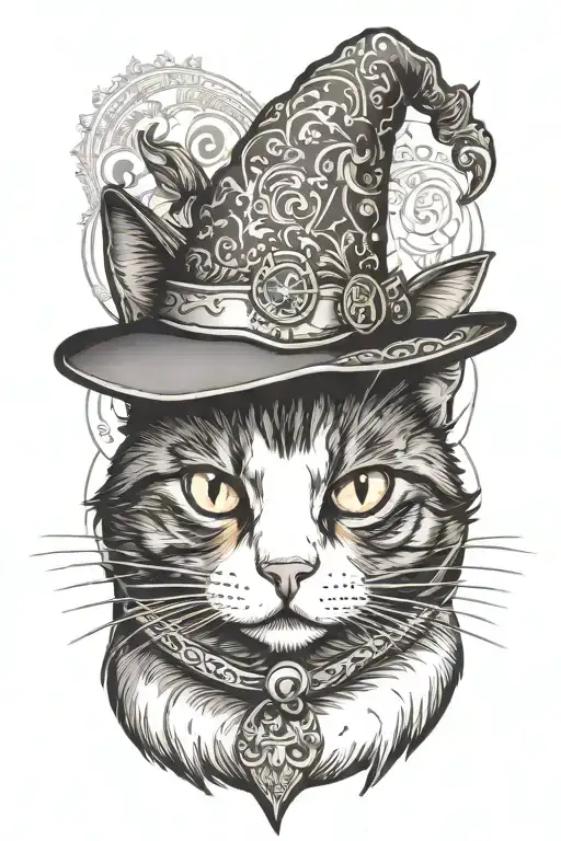 a black and white tuxedo cat wearing a wizard hat sitting tattoo design idea