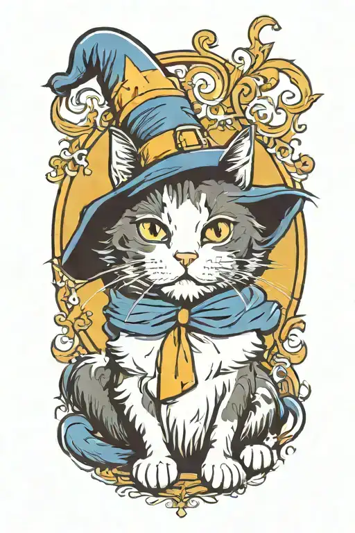 a black and white tuxedo cat wearing a wizard hat sitting tattoo design idea