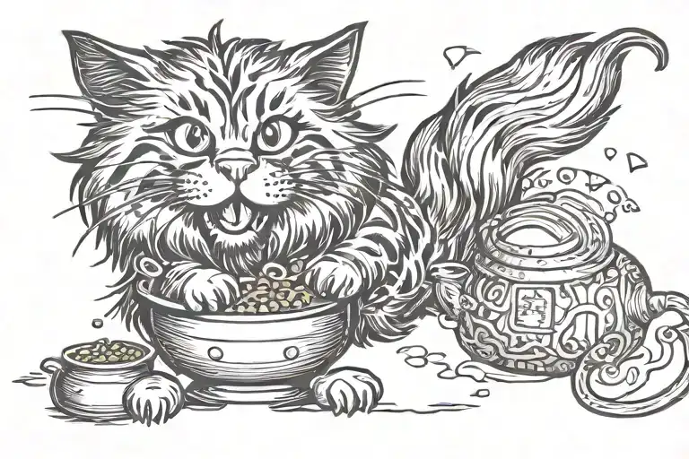 Tabby Norwegian Forest Cat Chasing a pot of gold tattoo design idea