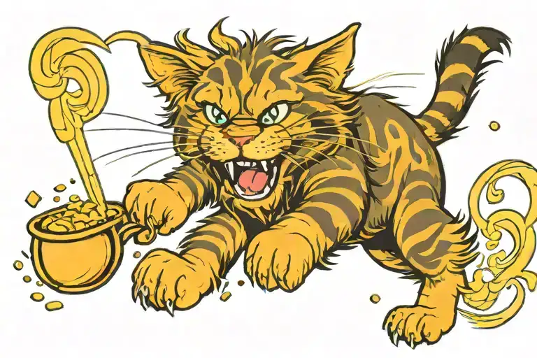 angry Tabby Norwegian Forest Cat Chasing a pot of gold tattoo design idea