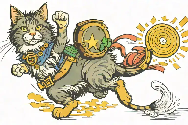 Tabby Norwegian Forest Cat Chasing a pot of gold tattoo design idea