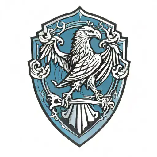 ravenclaw logo from harry potter, no text in the tattoo, raven is blue, inside the shield is white tattoo design idea