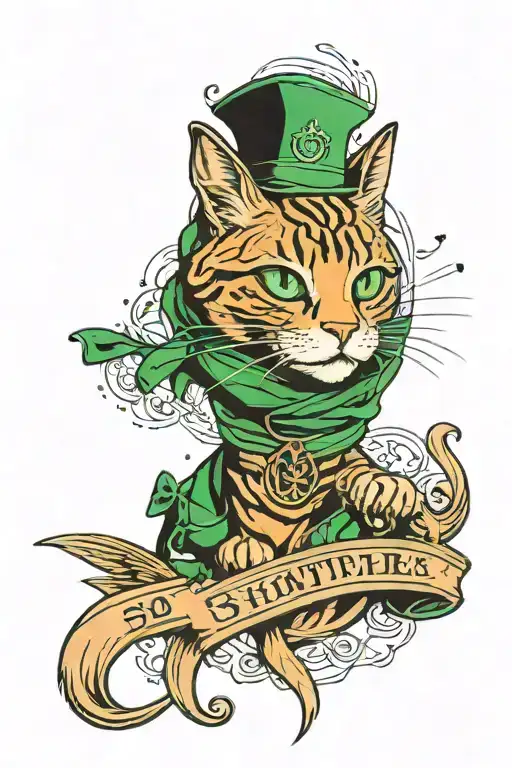 a full sleeve tattoo with the slytherin logo on the top, something representing a tabby cat (but not a portrait), the bd tattoo design idea