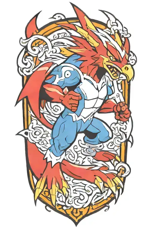 pokemon blaziken but blue tattoo design idea