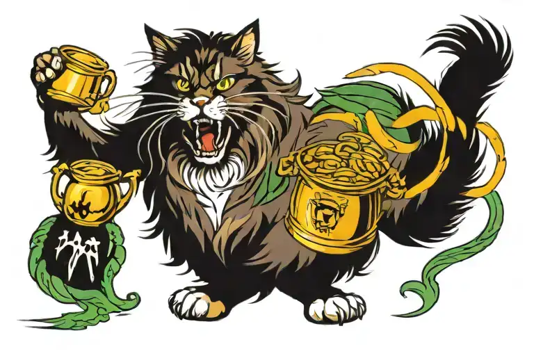 angry Tabby Norwegian Forest Cat Chasing a pot of gold tattoo design idea