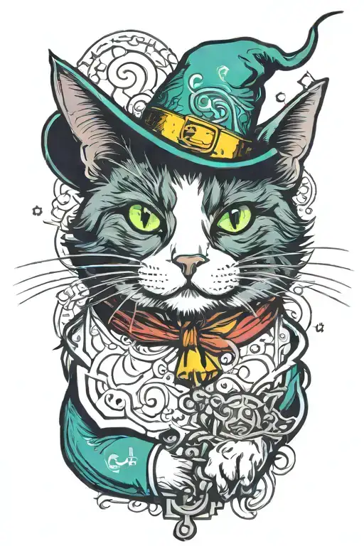 a green-eyed tuxedo cat wearing a wizard hat sitting tattoo design idea
