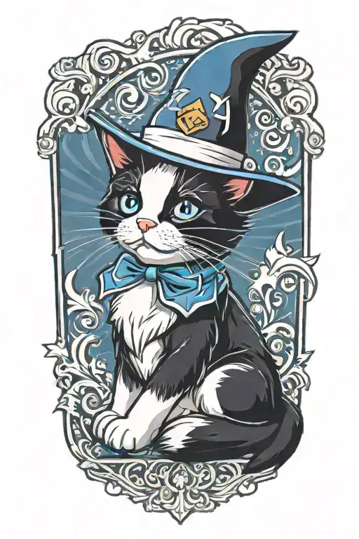 a blue-eyed black and white tuxedo cat wearing a wizard hat sitting tattoo design idea