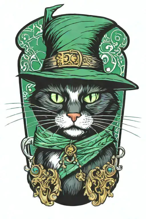 a green-eyed tuxedo cat wearing a wizard hat sitting tattoo design idea